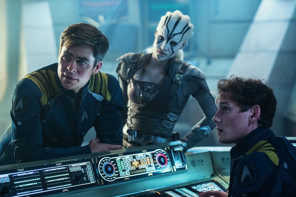 Left to right: Chris Pine plays Kirk, Sofia Boutella plays Jaylah and Anton Yelchin plays Chekov in Star Trek Beyond from Paramount Pictures, Skydance, Bad Robot, Sneaky Shark and Perfect Storm Entertainment